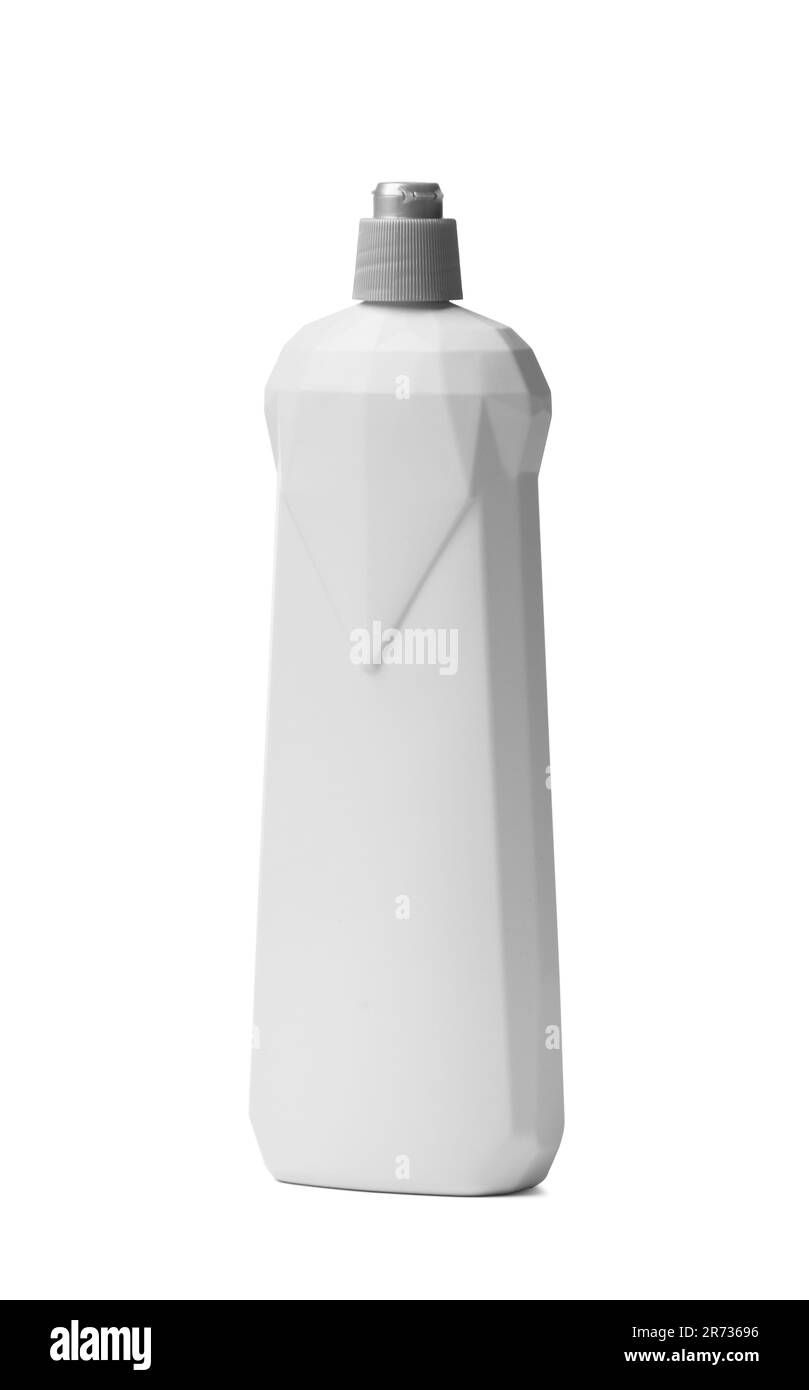 Botella de plástico para productos químicos domésticos, detergentes, abrillantador de lavavajillas, aislado sobre fondo blanco. Foto de stock