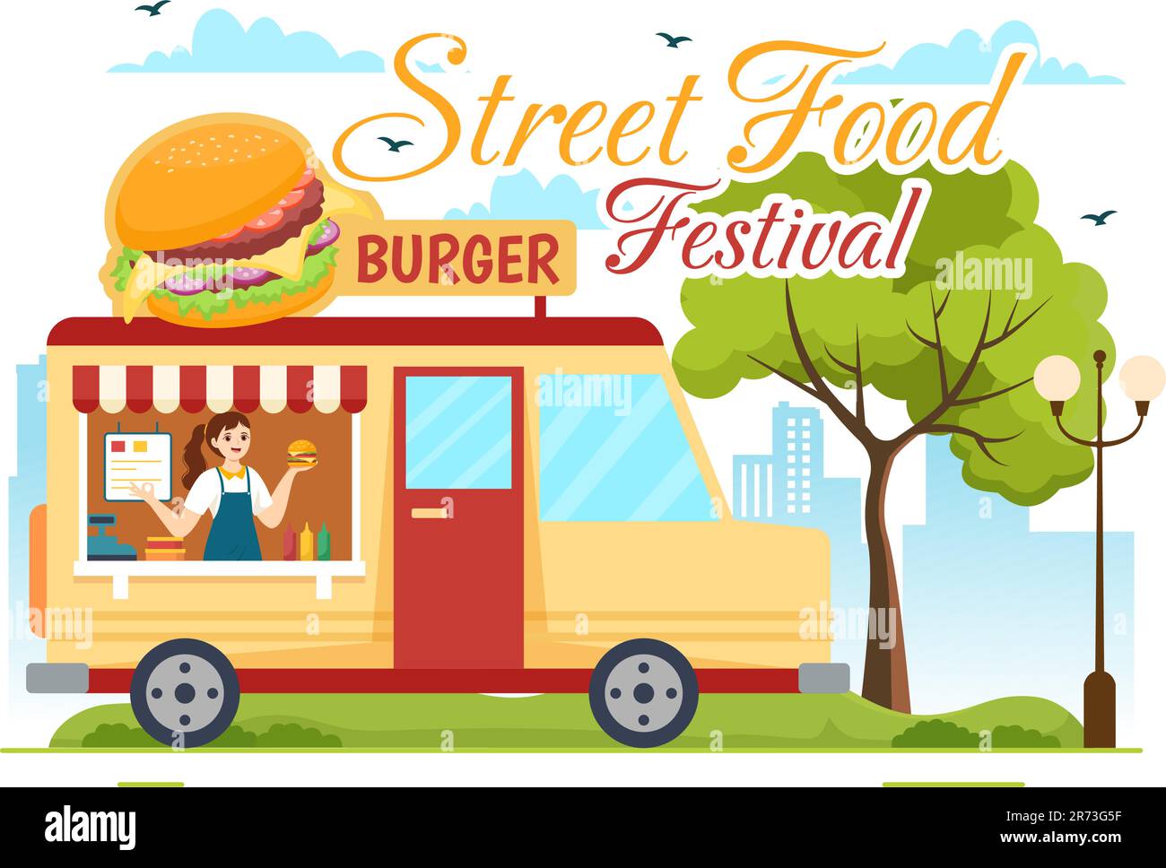 Ilustración de vector de evento de festival de comida de calle con camiones de personas y alimentos en verano Parque de la ciudad al aire libre en plantillas planas dibujadas a mano de dibujos animados Ilustración del Vector