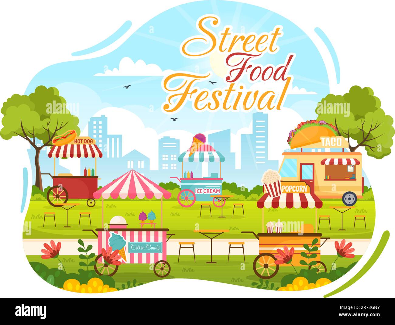Ilustración de vector de evento de festival de comida de calle con camiones de personas y alimentos en verano Parque de la ciudad al aire libre en plantillas planas dibujadas a mano de dibujos animados Ilustración del Vector