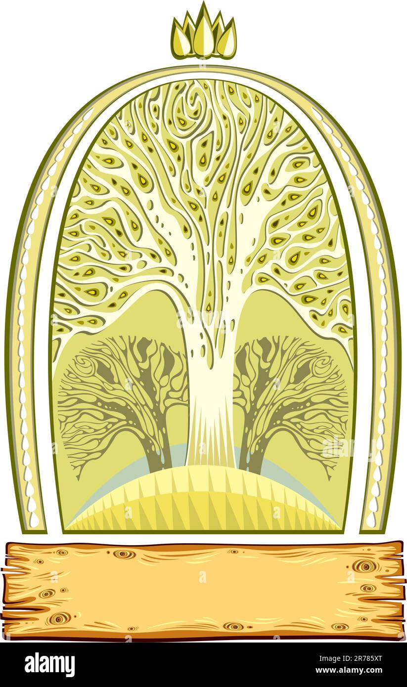 Emblema del parque con árboles, marco, tablero de madera y corona creada de hojas. Dibujo gráfico estilizado del símbolo de la naturaleza con lugar para el texto o el nombre. Ilustración del Vector