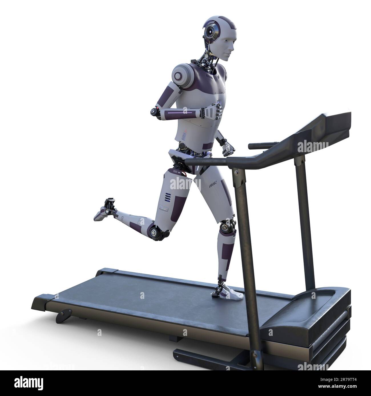 Robot humanoide corriendo en una cinta de correr, ilustración 3D