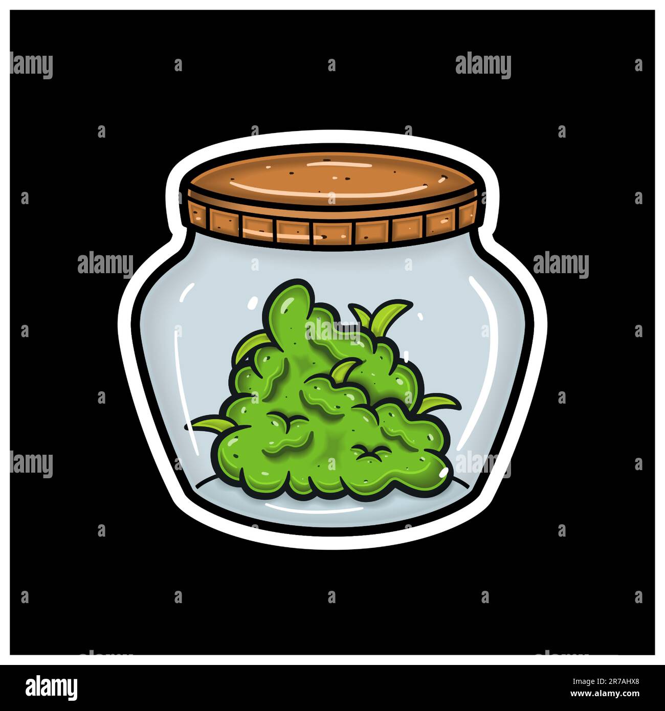 Mascota de dibujos animados de Weed Bud en Jar. Para pegatinas y etiquetas. Vector e ilustración. Ilustración del Vector