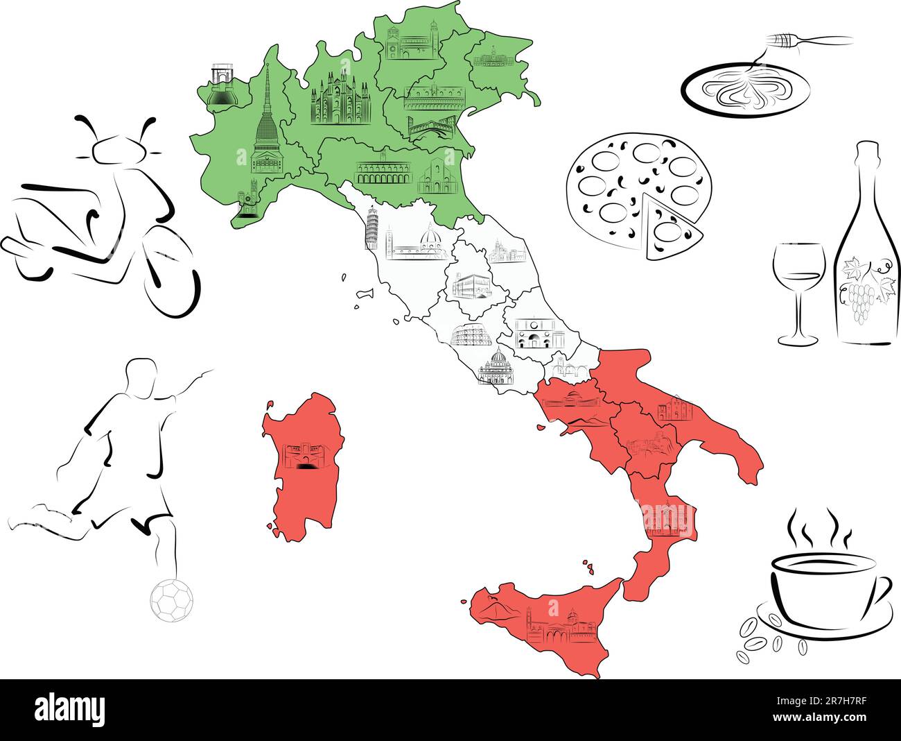 Vector dibujado mapa de Italia dividido por regiones con los principales lugares de interés de cada región. Ilustración del Vector