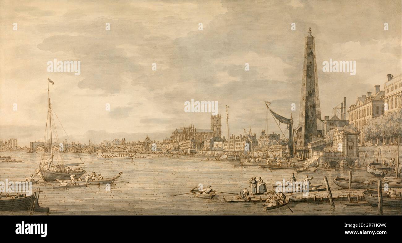 El río Támesis y la ciudad de Westminster cerca de la Puerta del Agua de York pintada por el pintor veneciano Giovanni Antonio Canal, comúnmente conocido como Canaletto. Foto de stock
