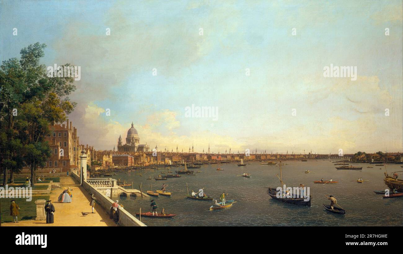El río Támesis desde Somerset House Terrace hacia la ciudad de Londres pintado por el pintor veneciano Giovanni Antonio Canal, comúnmente conocido como Canaletto. Foto de stock