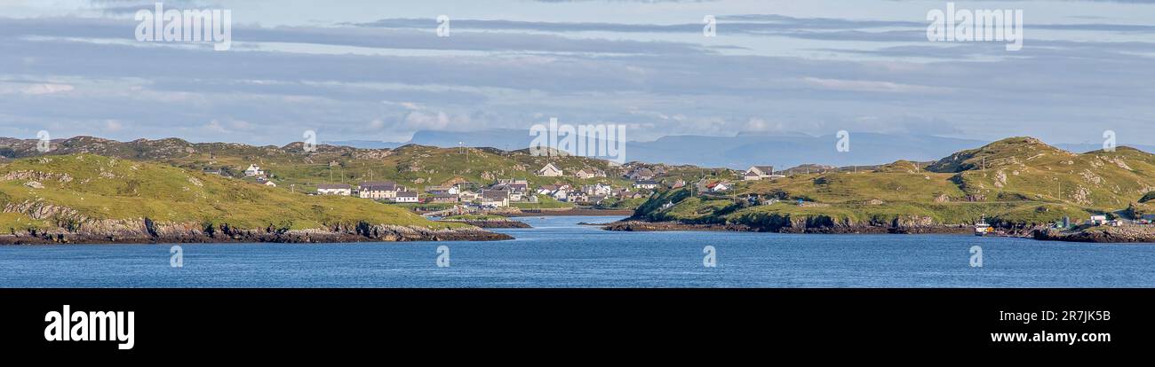 North Harbour Panorama, Scalpay of Harris, Hébridas, Hébridas exteriores, Islas del Oeste, Escocia, Reino Unido, Gran Bretaña Foto de stock