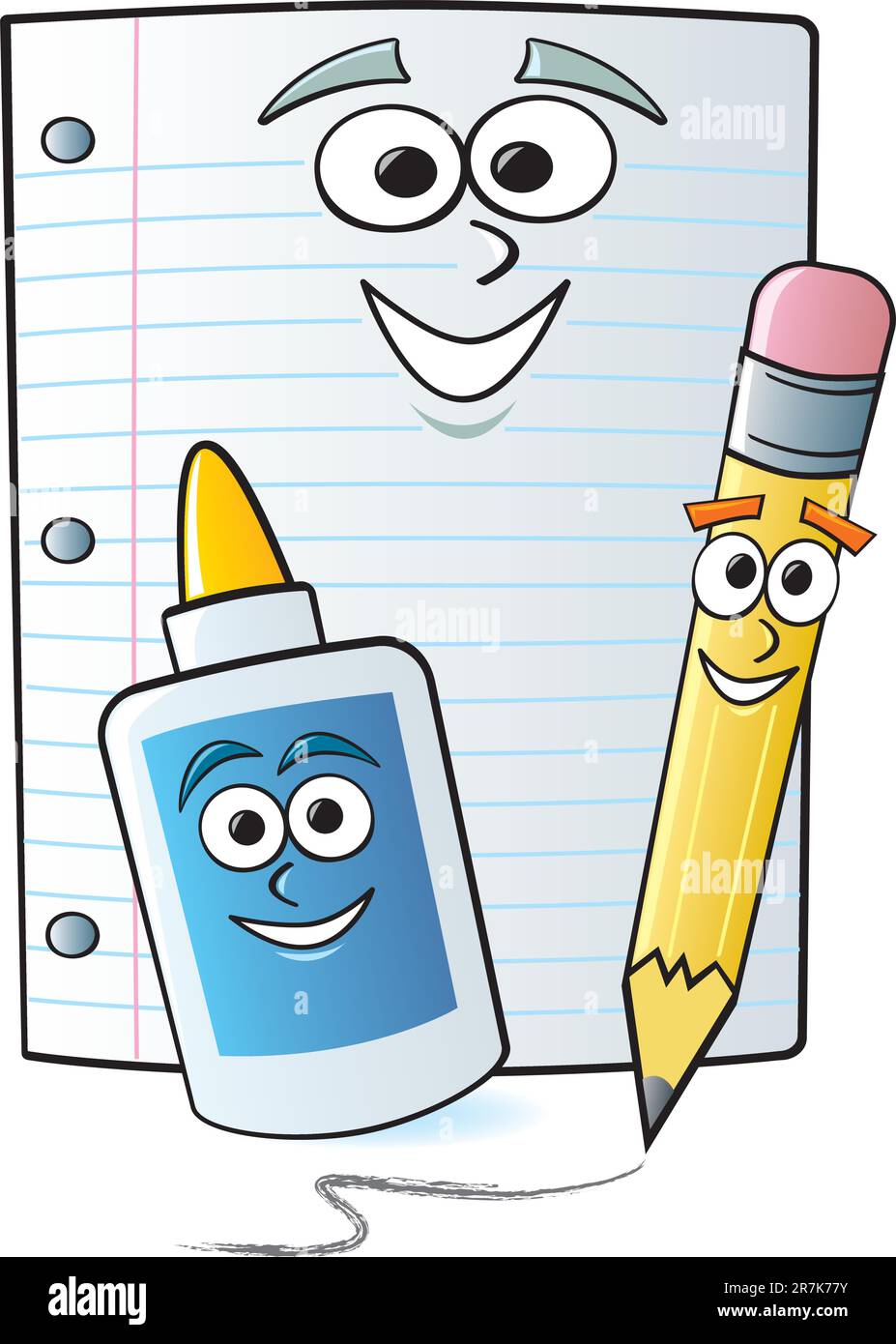 Útiles escolares comunes dibujados con caras de dibujos animados Imagen  Vector de stock - Alamy