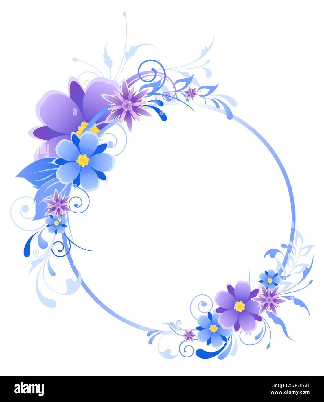 Banner redondo azul con flores, hojas y adornos Ilustración del Vector