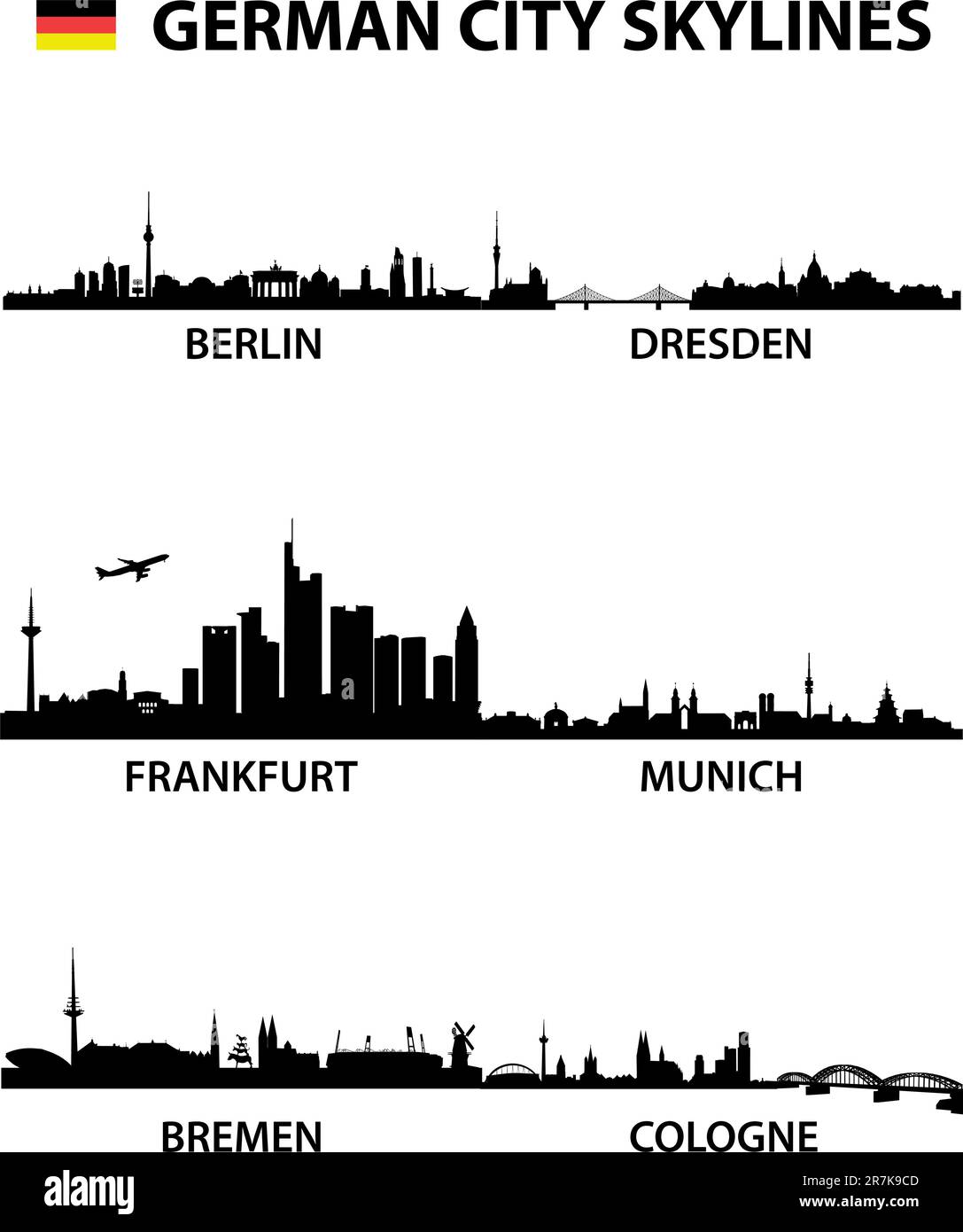 Ilustración vectorial detallada de las ciudades alemanas Berlín, Bremen, Colonia, Dresde, Frankfurt am Main y Múnich Ilustración del Vector