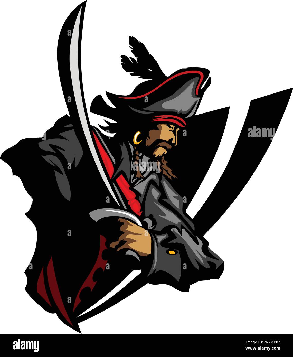 Capitán pirata sosteniendo una espada y usando sombrero con pluma Imagen gráfica Ilustración del Vector