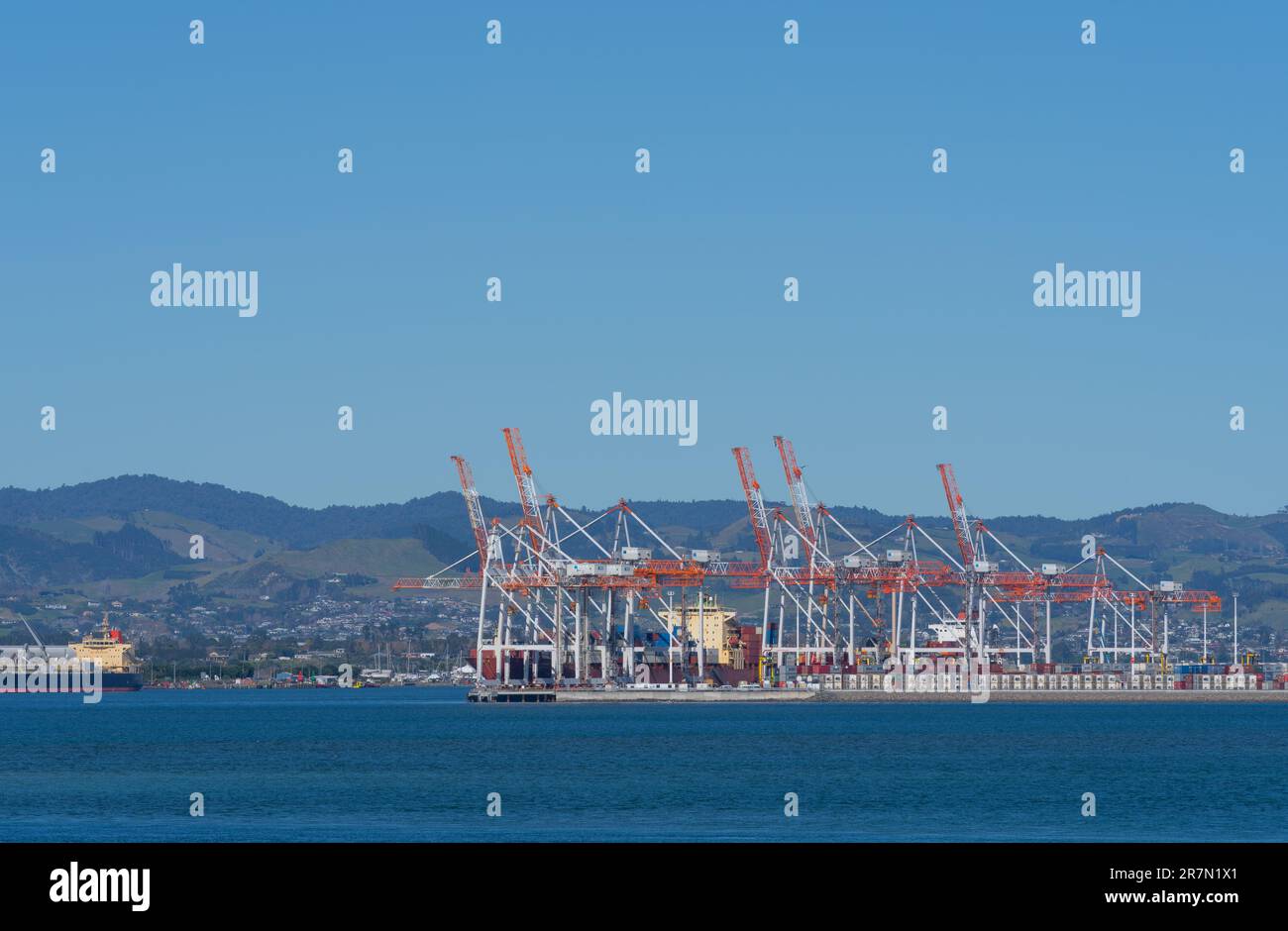 Tauranga Nueva Zelanda - junio de 6 2023; Puerto de Tauranga con grúas portuarias de contenedores en el fondo Foto de stock