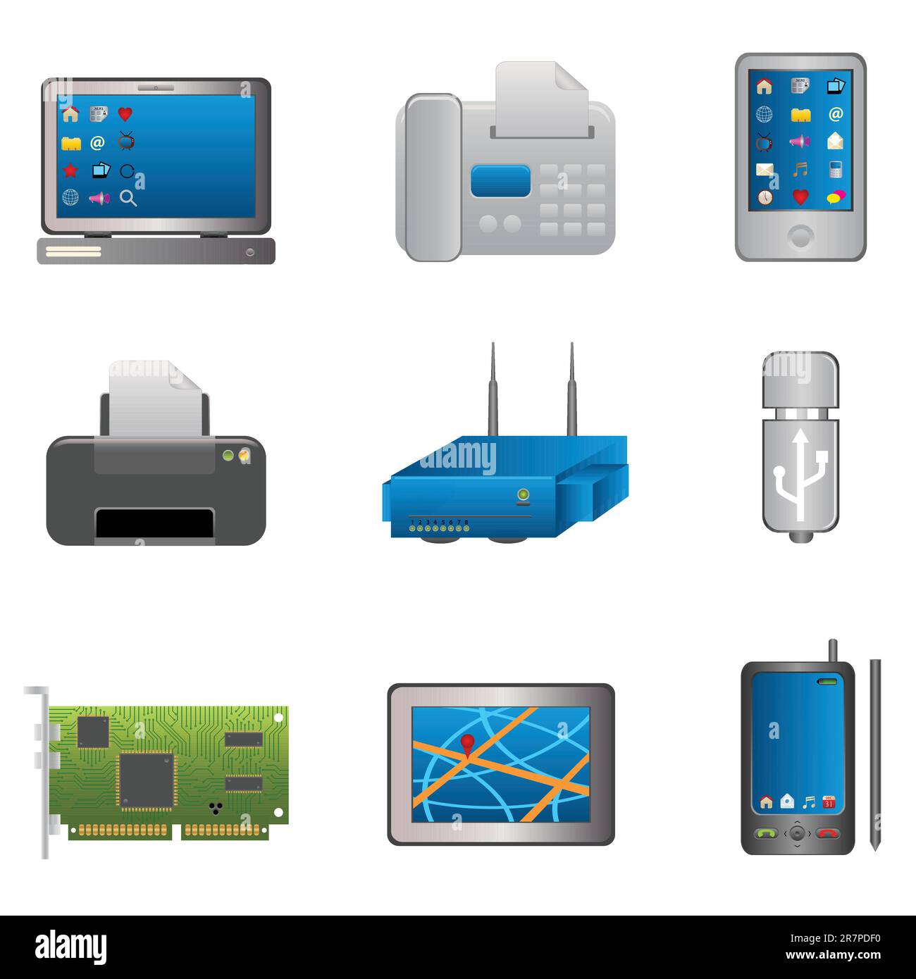 Objetos informáticos y tecnológicos en blanco Imagen Vector de stock