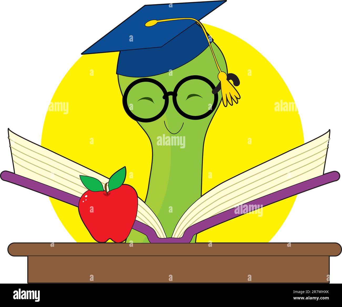 Bookworm verde con un mortero cap de leer un libro sobre un escritorio con una manzana. Ilustración del Vector