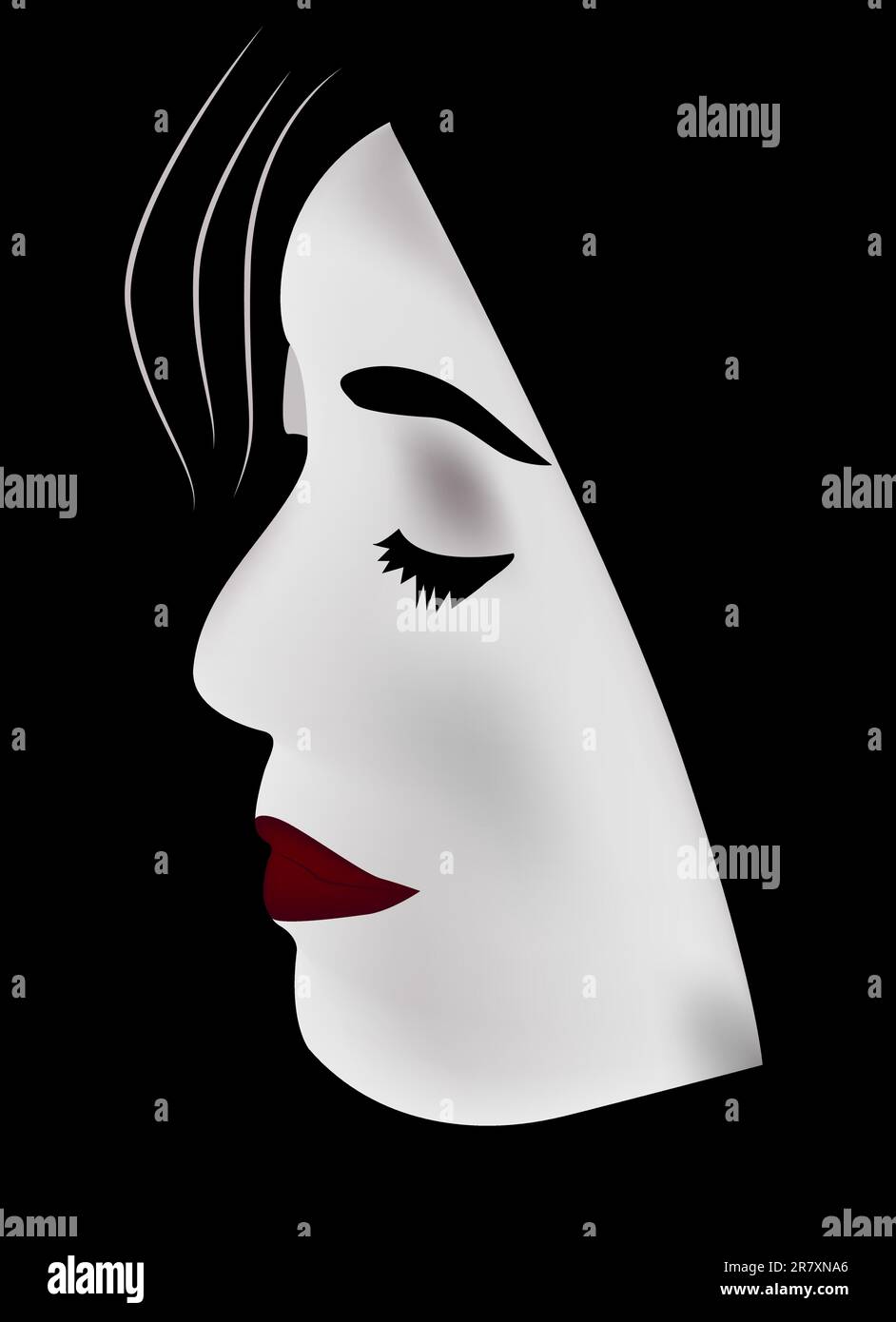 Una cara encapuchada en blanco y negro de una mujer con pestañas largas y labios rojos. Ilustración del Vector