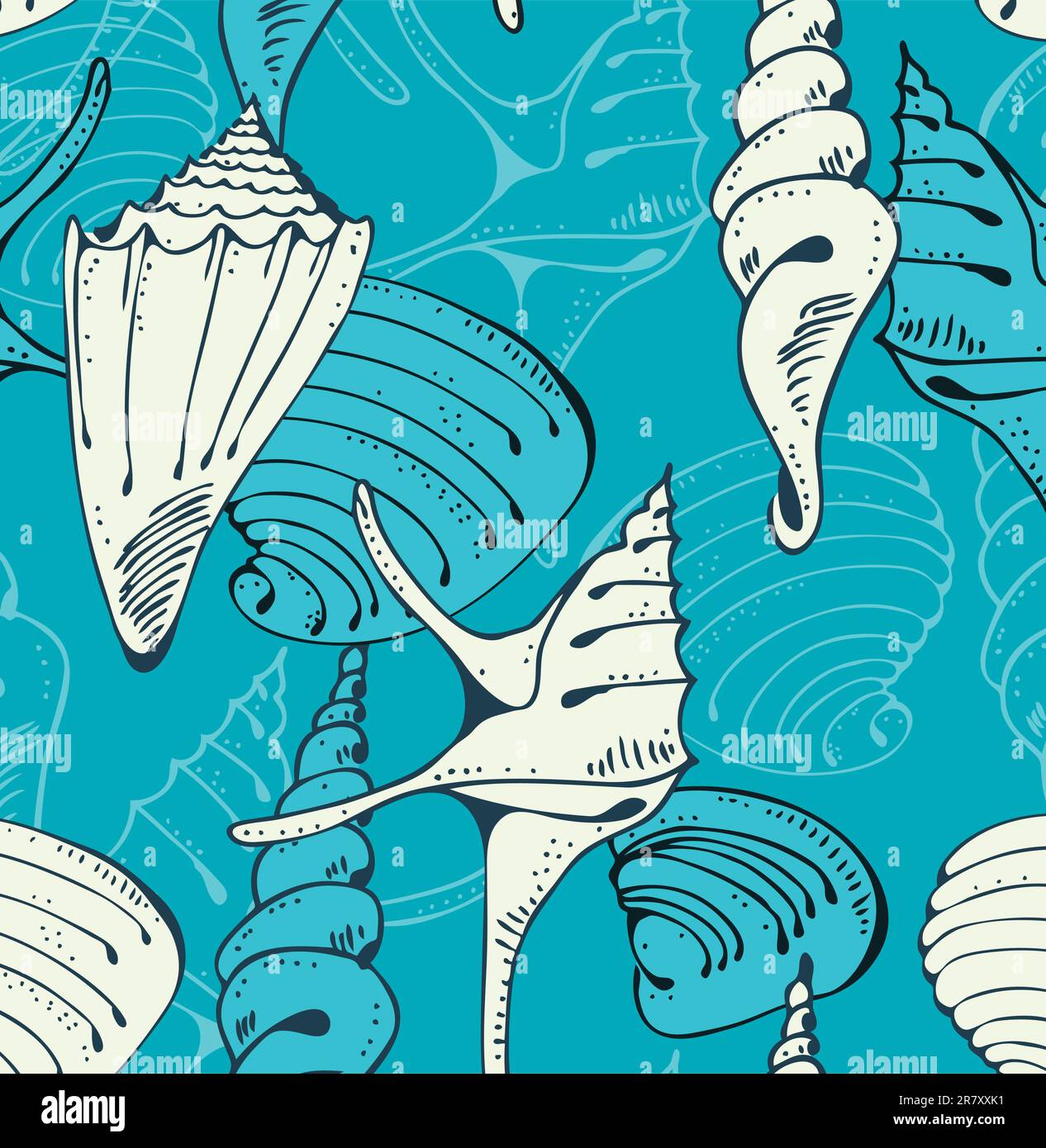 Patrón marino azul sin costuras con conchas en un azul Ilustración del Vector