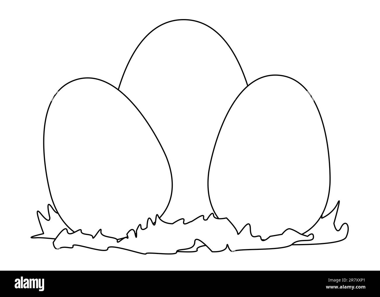 3 huevos de pollo de varios tamaños en contorno negro para colorear sobre un fondo blanco Foto de stock