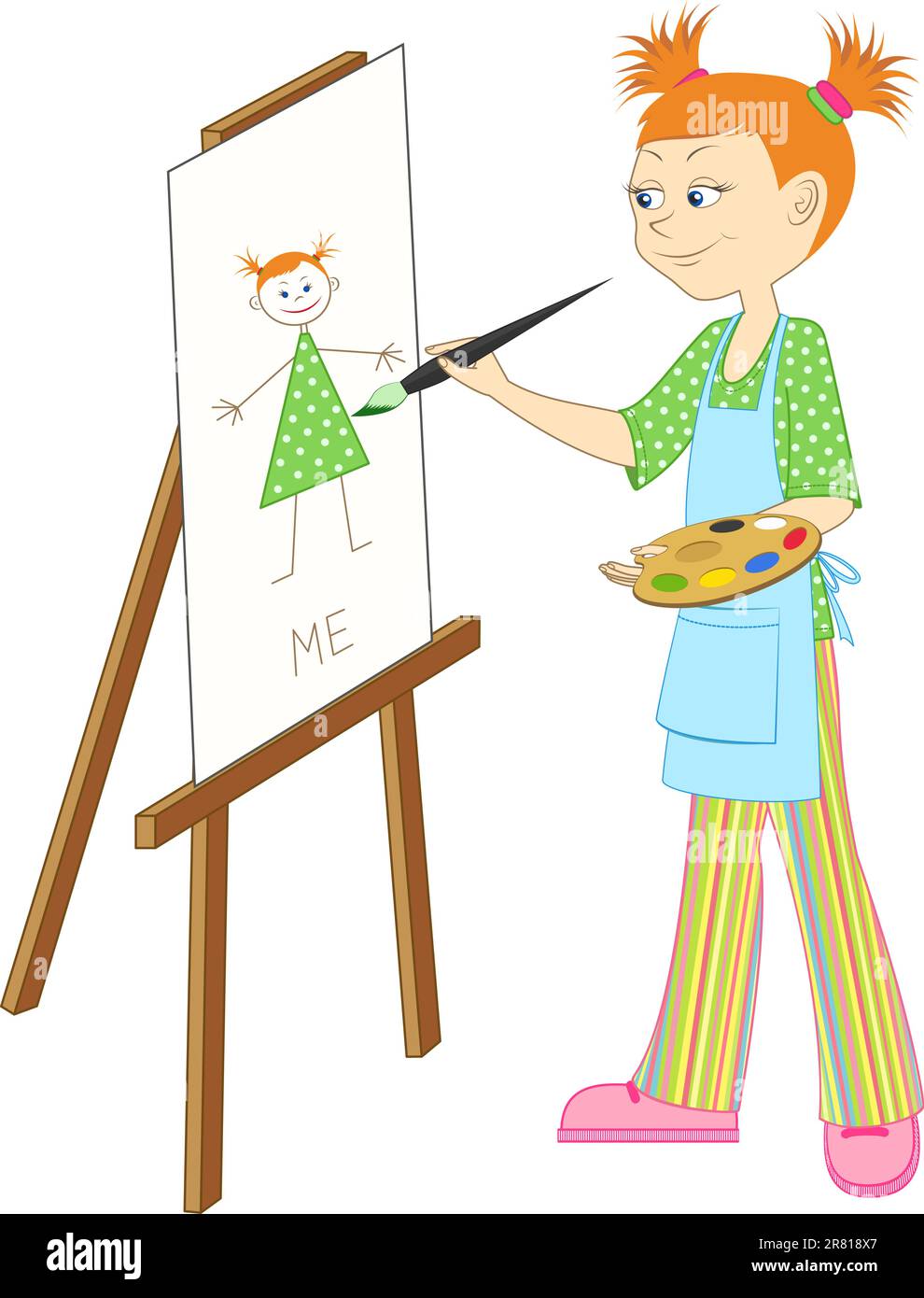 Pintura de niño pequeño en caballete dibujo de personaje de niña negra en  estudio de artista o taller de arte crear imágenes en lienzo