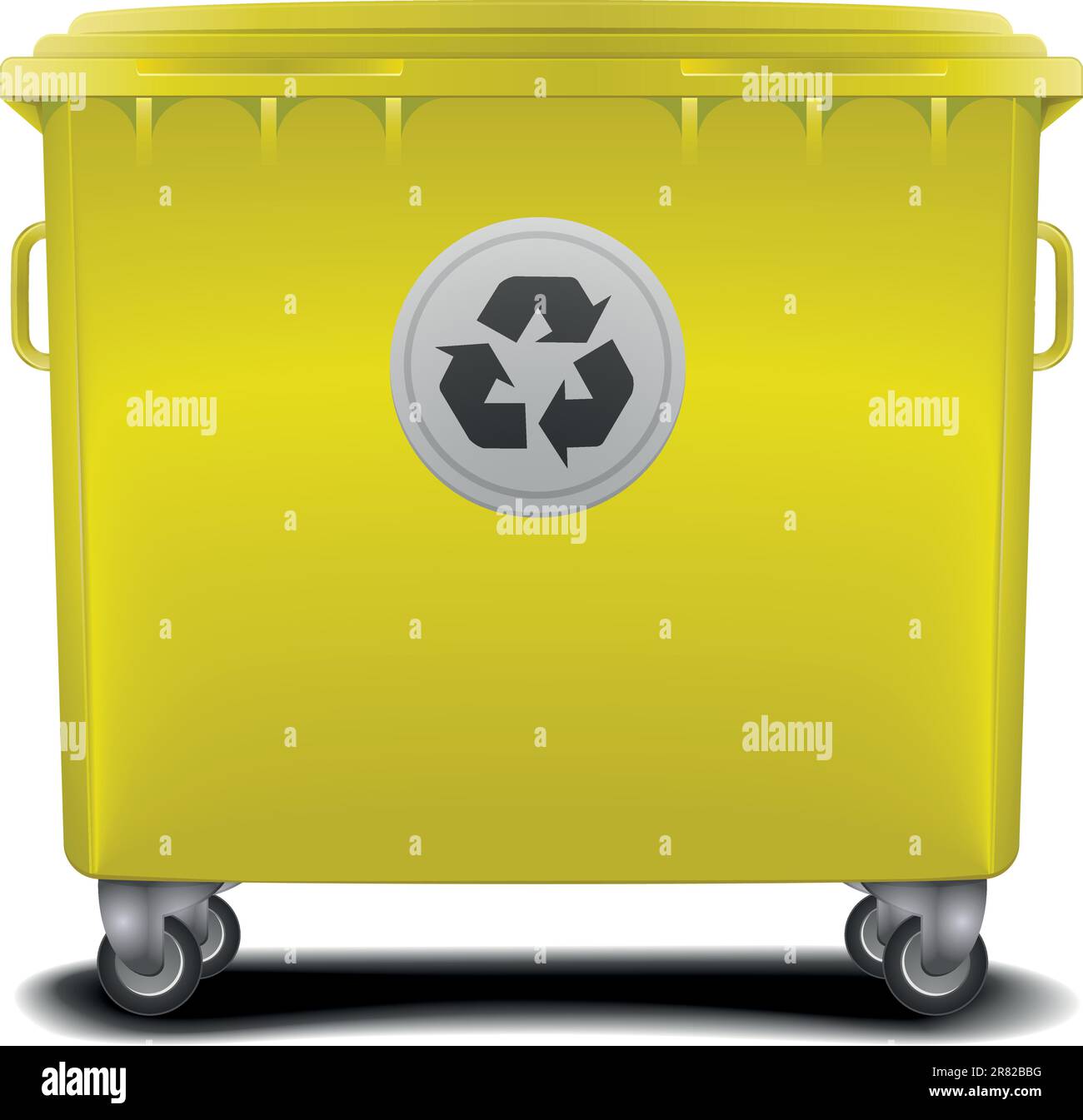 Contenedores de reciclaje para papel, vidrio y productos orgánicos, con el  símbolo de reciclaje en la parte superior en color azul, verde y amarillo.
