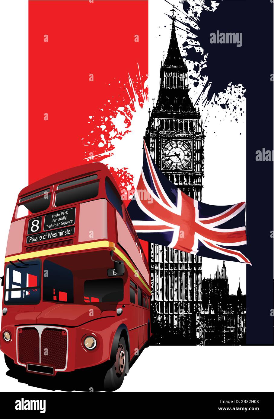 Grunge banner con imágenes de Londres y autobuses. Ilustración vectorial Ilustración del Vector