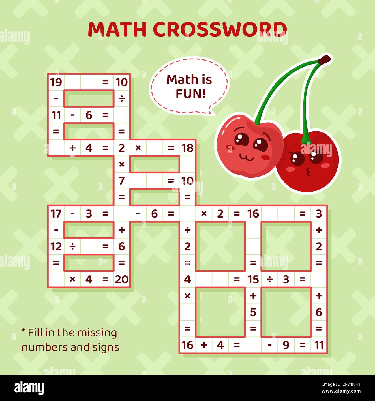 Matemáticas Crossword puzzle para niños. Suma, resta, multiplicación y división Imagen Vector de