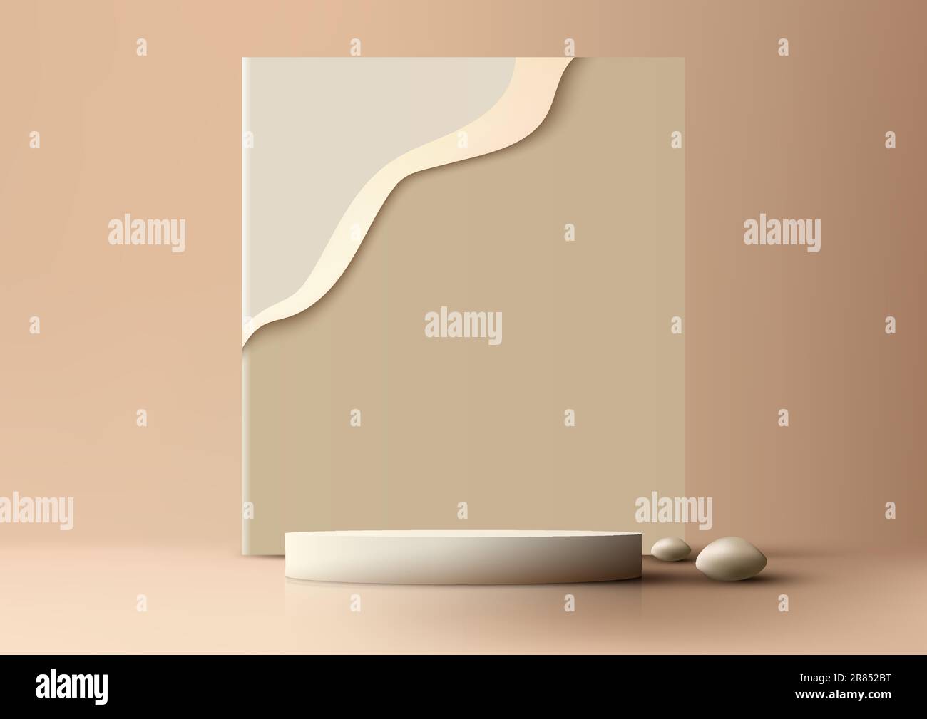 3D Soporte de plataforma de podio blanco vacío realista y decoración de fondo de papel rectángulo marrón con roca sobre fondo beige estilo mínimo. Uso para beau Ilustración del Vector