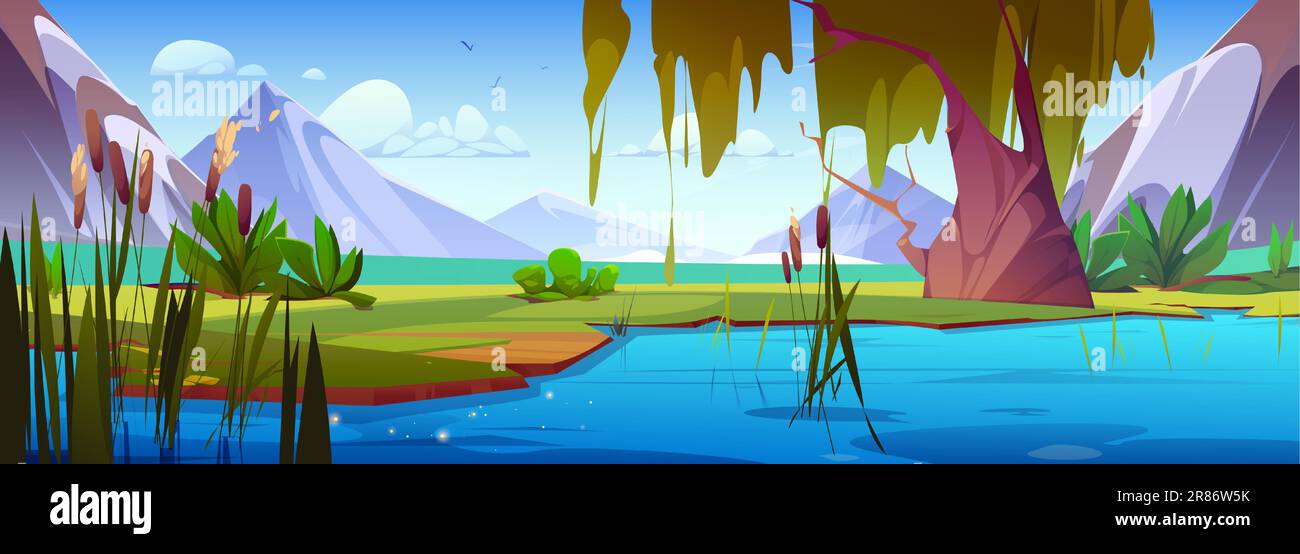 Pantano con caña en paisaje de dibujos animados de vector de montaña. Agua del lago cerca de la orilla de la hierba con bulrush en la ilustración de Japón. Tranquilo arroyo cerca del terreno del entorno de juego de sauce para un día soleado vista panorámica Ilustración del Vector