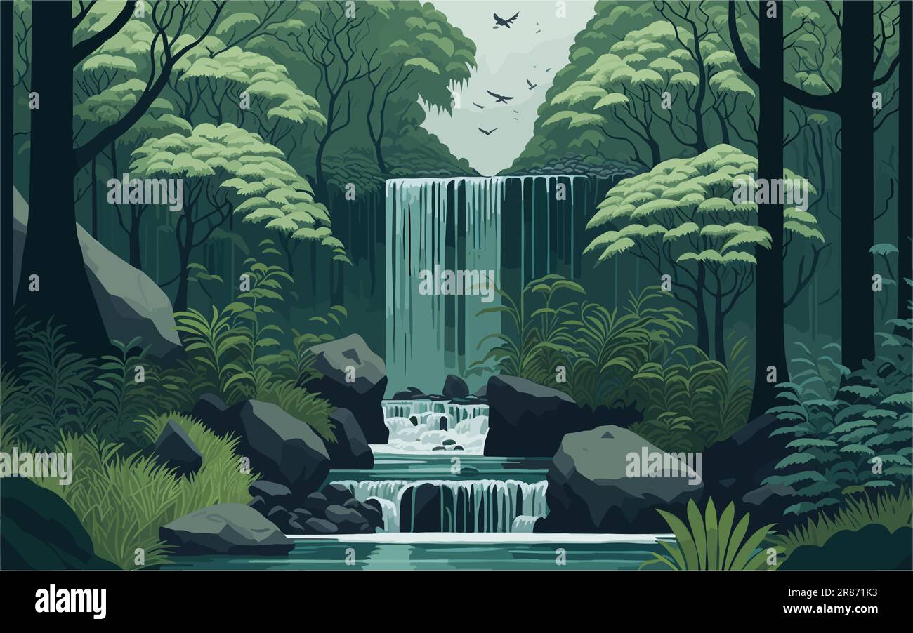 ilustración tranquila una cascada serena enclavada en un exuberante bosque. Representa la cascada cayendo en cascada por rocas cubiertas de musgo, rodeado de verde Ilustración del Vector