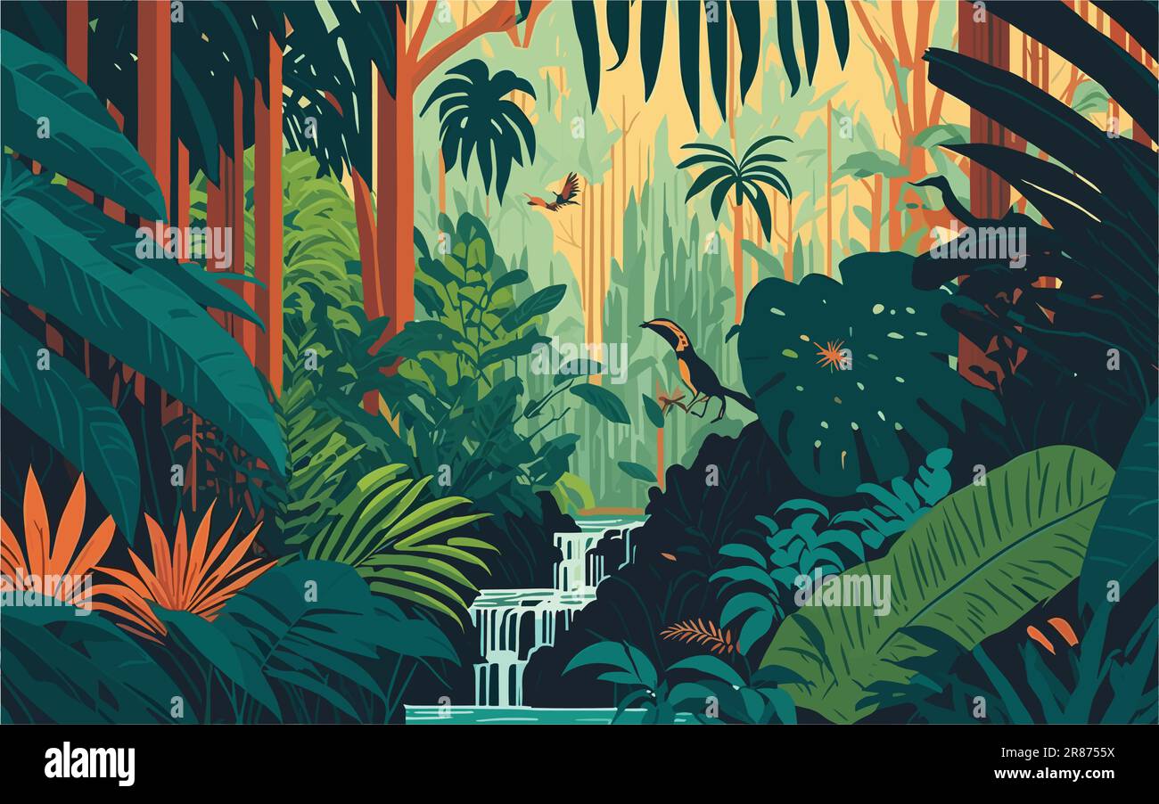 ilustración vectorial con una exuberante y vibrante selva tropical con árboles imponentes, vida silvestre exótica y cascadas. exuberancia y. Ilustración del Vector