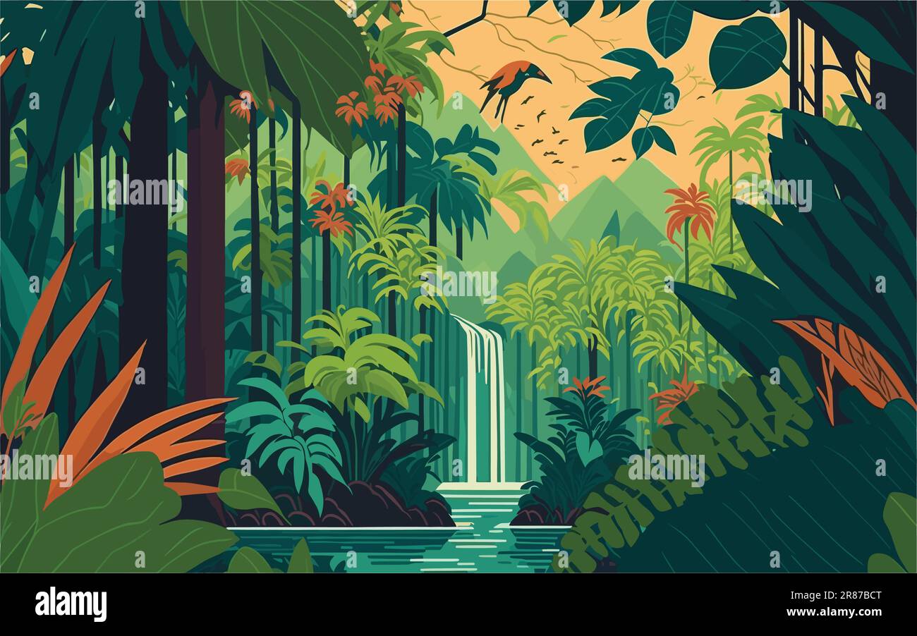 ilustración vectorial con una exuberante y vibrante selva tropical con árboles imponentes, vida silvestre exótica y cascadas. exuberancia y. Ilustración del Vector
