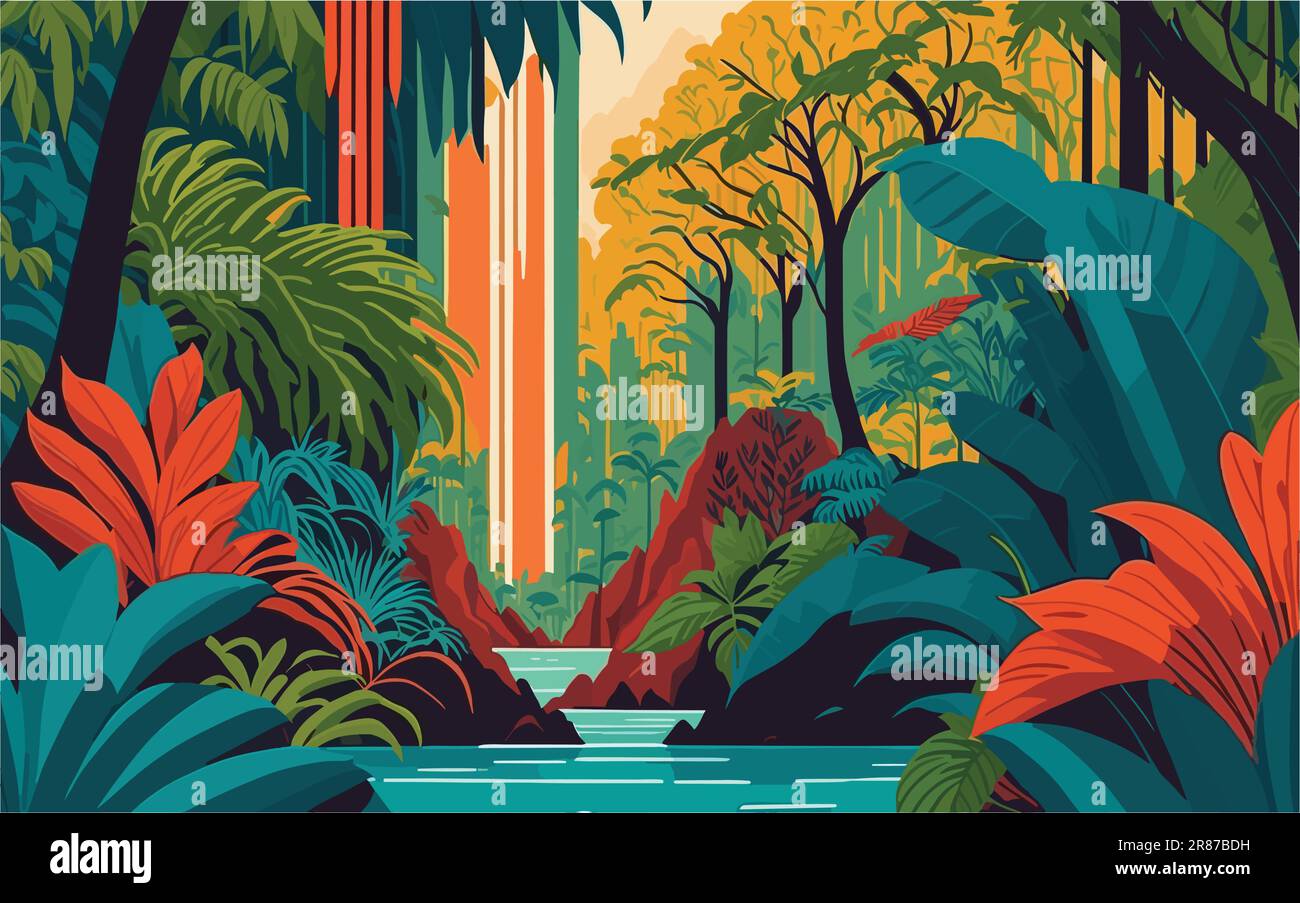 ilustración de fondo de vector que representa una escena exuberante y vibrante de la selva con árboles imponentes, follaje denso y una cascada. riqueza y. Ilustración del Vector