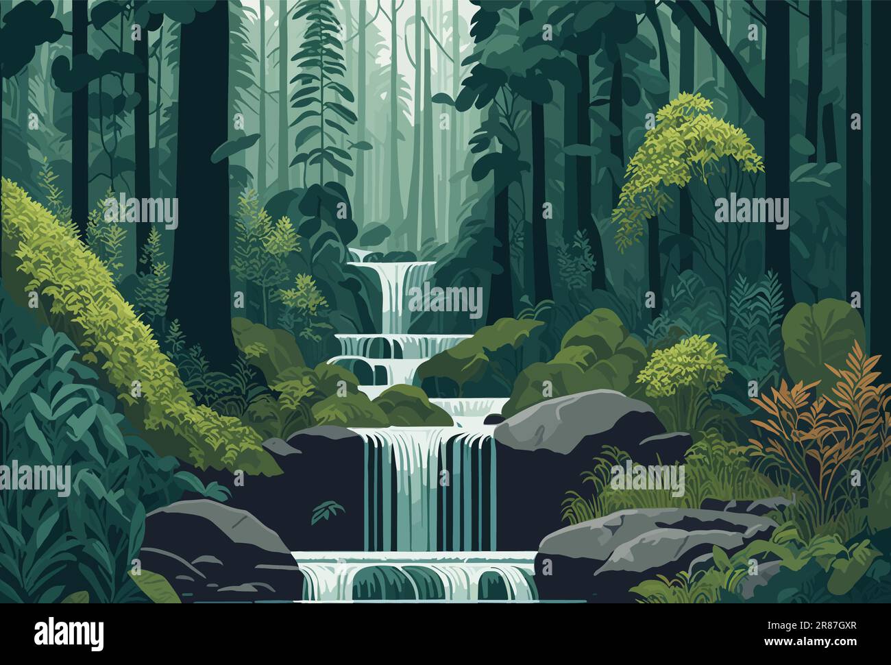 ilustración tranquila una cascada serena enclavada en un exuberante bosque. Representa la cascada cayendo en cascada por rocas cubiertas de musgo, rodeado de verde Ilustración del Vector