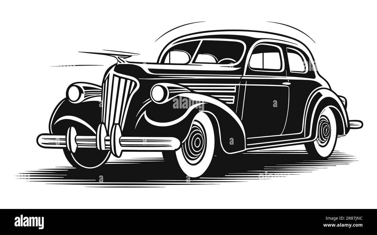 Ilustración vectorial de silueta de coche clásico negro de estilo retro, aislado sobre fondo blanco. Ilustración del Vector