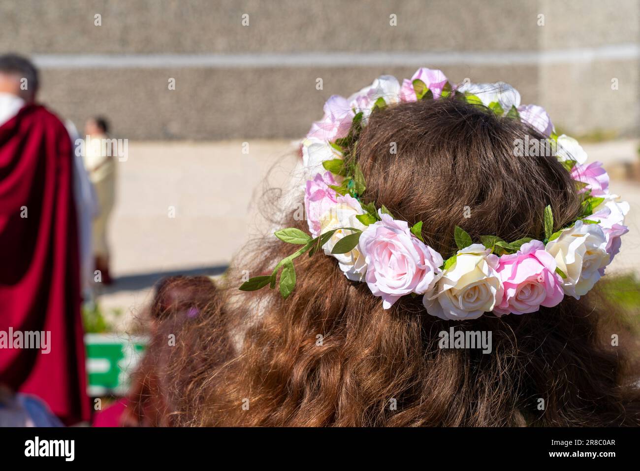 Muchacha con el pelo castaño largo con una guirnalda de la flor en su cabeza Foto de stock