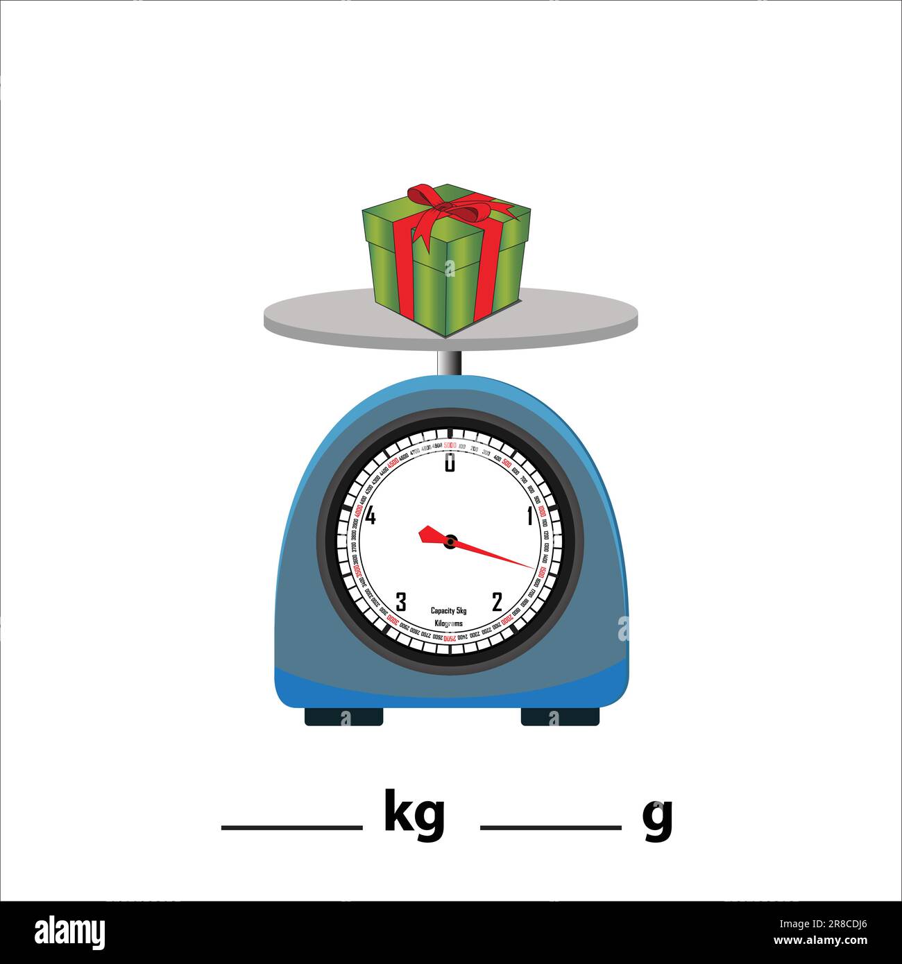 Caja de regalo 1,5kg en una báscula, aislado sobre fondo blanco