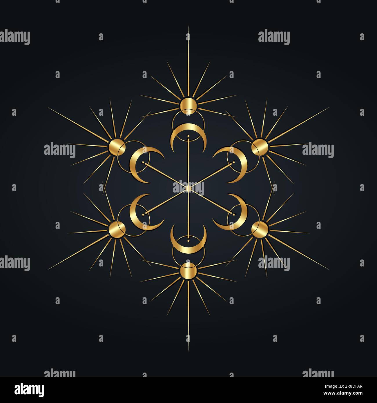 Sol y luna mandala luxury clipart. Logotipo dorado Wicca. Mística