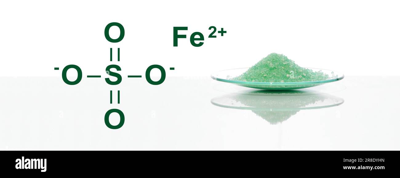 Sulfato ferroso en vidrio de reloj químico con estructura química, un  medicamento utilizado para tratar y prevenir la anemia por deficiencia de  hierro Fotografía de stock - Alamy