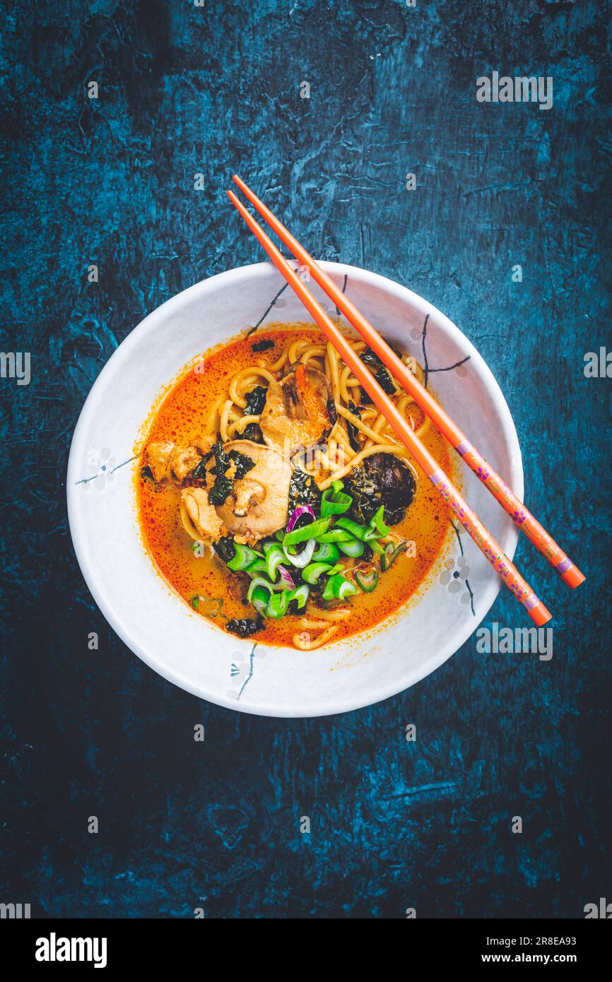 Sopa tailandesa de curry rojo con pollo, setas shiitake, leche de coco y cebollas verdes Foto de stock