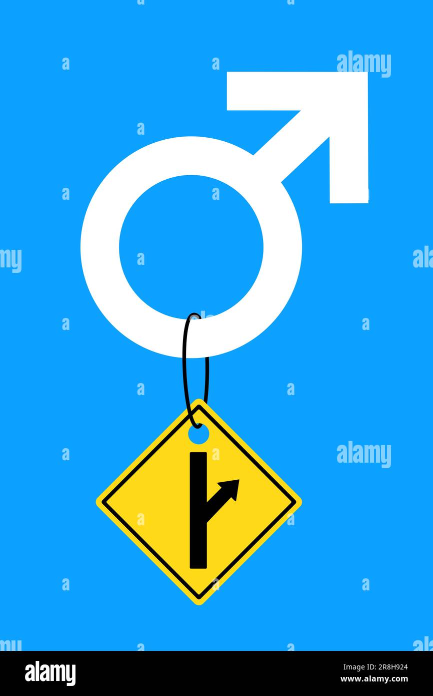 Los hombres van a su propio camino. Género masculino y símbolo de sexo con signo y símbolo MGTOW. Ilustración vectorial aislado en azul. Foto de stock