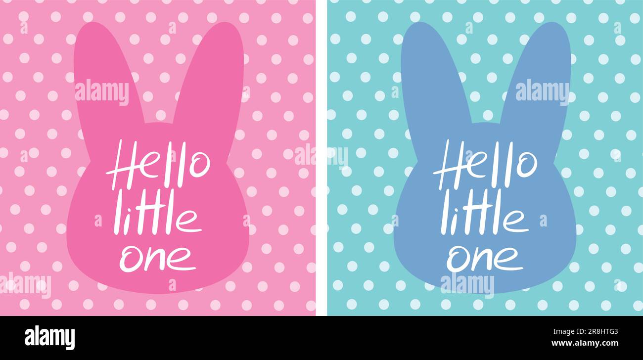 Hola Little One tarjetas de felicitación con un contorno de cabeza de conejo. Para la celebración de un parto, cumpleaños, embarazo y baby shower Ilustración del Vector