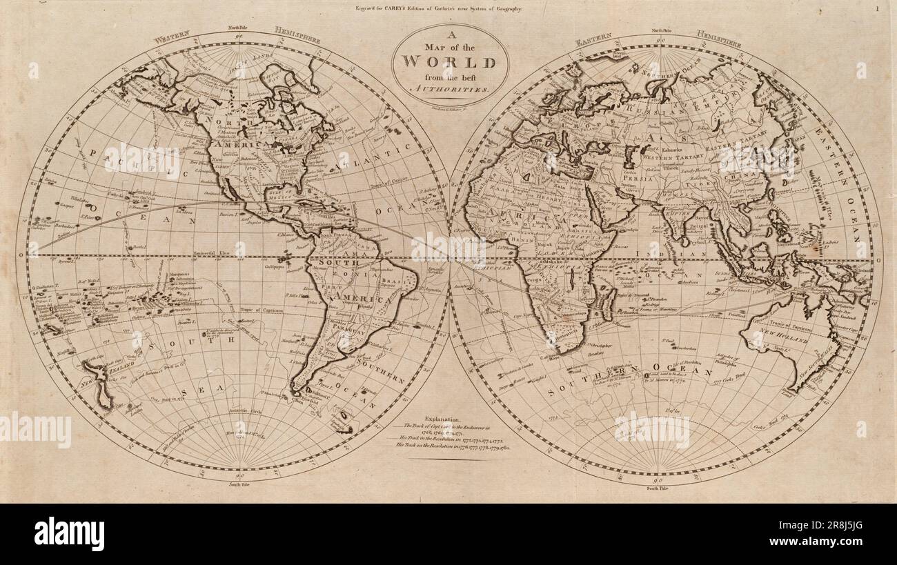 Vintage dos hemisferios mapa del mundo por Mathew Carey c. 1800. El mapa también muestra los viajes del capitán James Cook en el HMS Endeavour y la resolución del HMS Foto de stock
