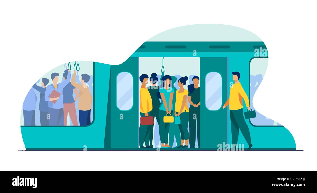 Multitud de viajeros que viajan en tren subterráneo Ilustración del Vector