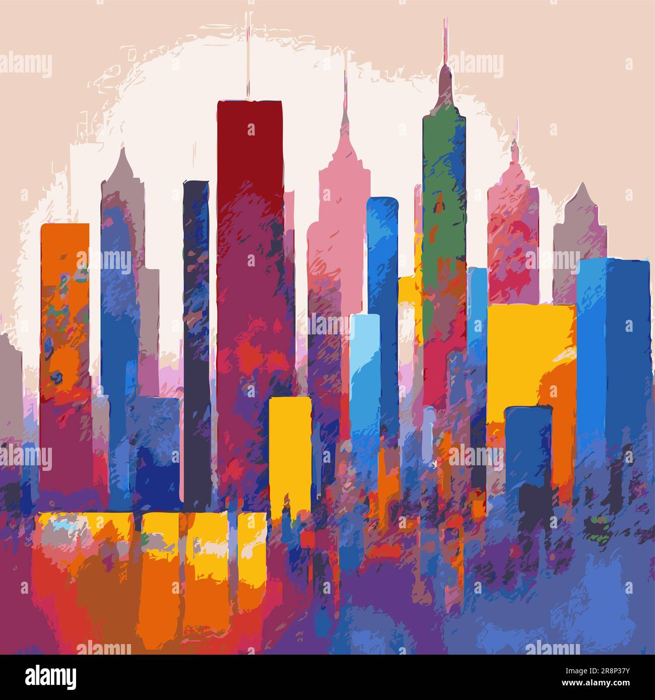 Vector Ilustración geométrica abstracta moderna Pintura Ciudad Skyline Múltiples colores Cubismo expresivo Ilustración del Vector
