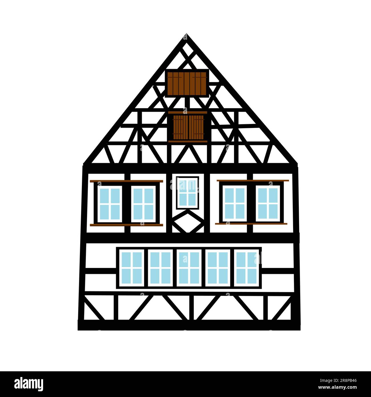 Antigua casa alemana con vigas de madera. Edificio de color con entramado de madera. Fachadas planas de casas de marcos europeos, casas de campo. Ilustración del Vector