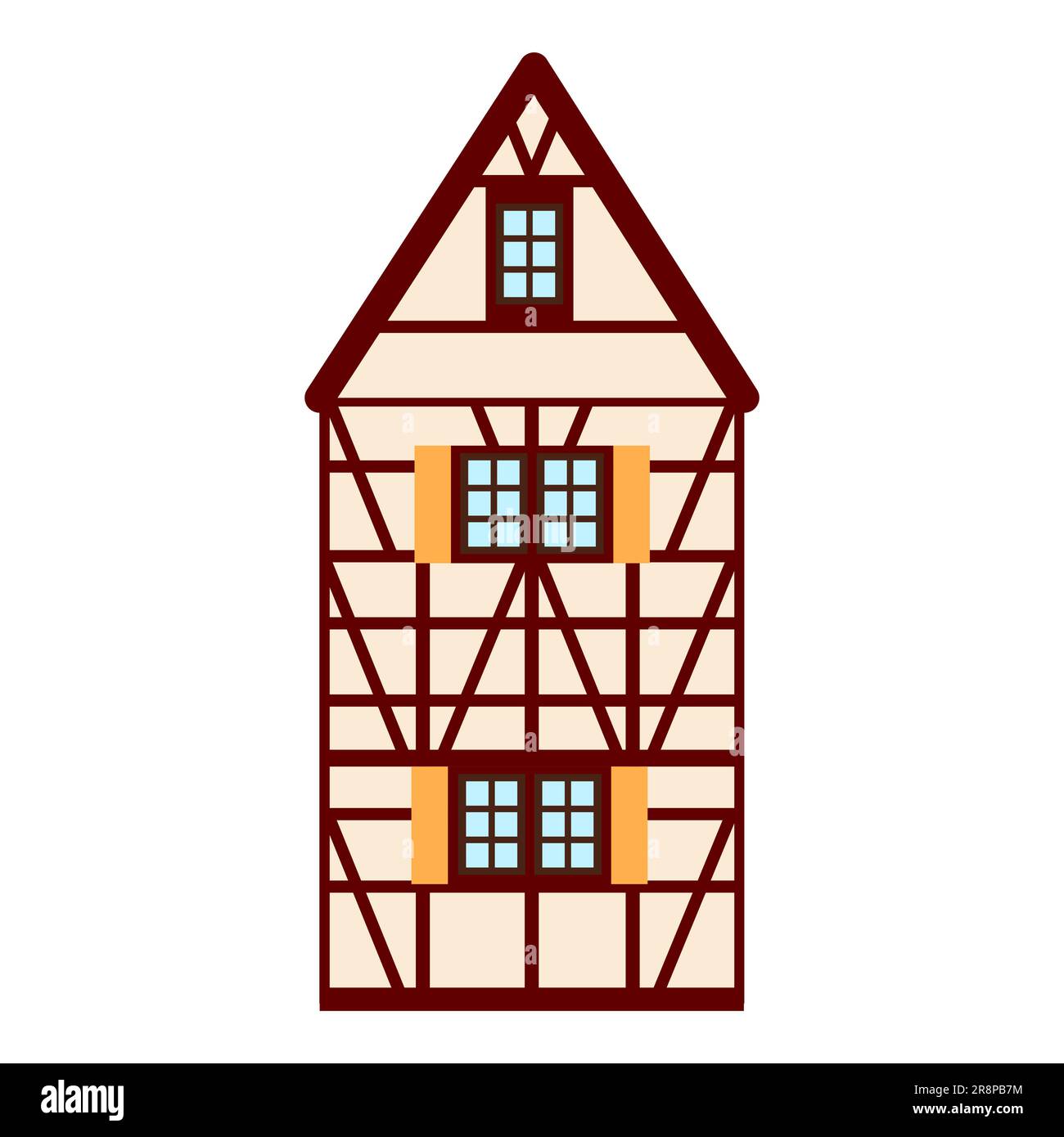 Antigua casa alemana con vigas de madera rojas. Edificio de entramado de madera de color beige y marrón. Fachadas planas de casas de marcos europeos, casas de campo. Ilustración del Vector