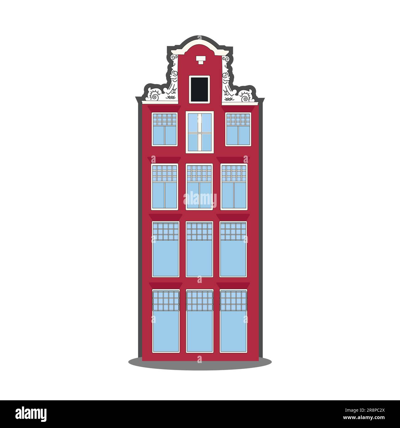 Amsterdam casa antigua en el estilo holandés. Fachada histórica de color rojo con contorno. Arquitectura tradicional de los países Bajos. Ilustración vectorial plano c Ilustración del Vector