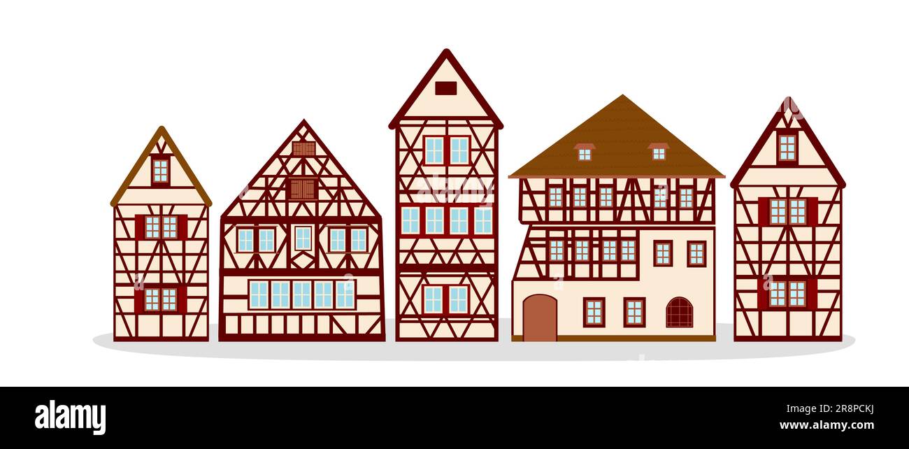 Conjunto de antiguas casas alemanas con vigas de madera rojas y elementos beige. Edificio de color medio entramado de madera. Fachadas planas de casas de marcos europeos, casas de campo. Ilustración del Vector