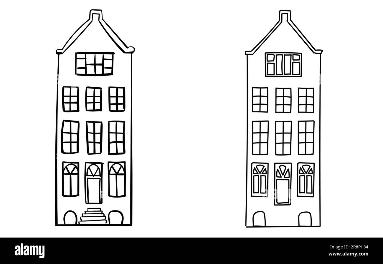Doodle en el contorno de la antigua casa de Ámsterdam en el estilo holandés. Fachada histórica. Arquitectura tradicional de los países Bajos. Vector ilustración plano dibujos animados styl Ilustración del Vector