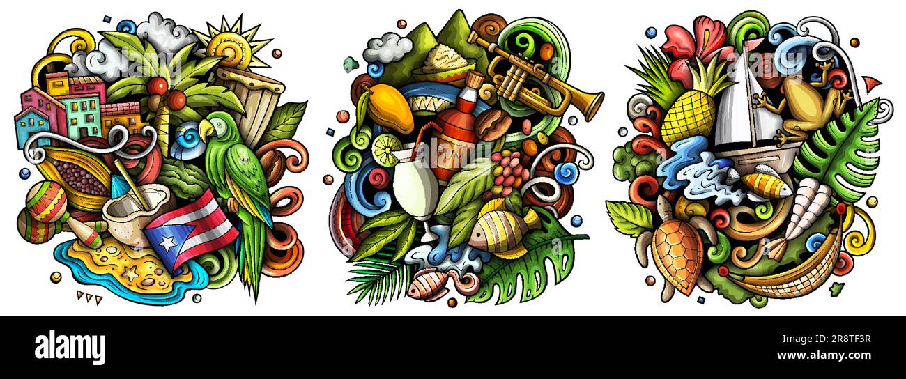 Puerto Rico vector de dibujos animados doodle diseños establecidos. Coloridas composiciones detalladas con muchos objetos y símbolos puertorriqueños. Aislado en blanco illustra Imagen Vector de stock