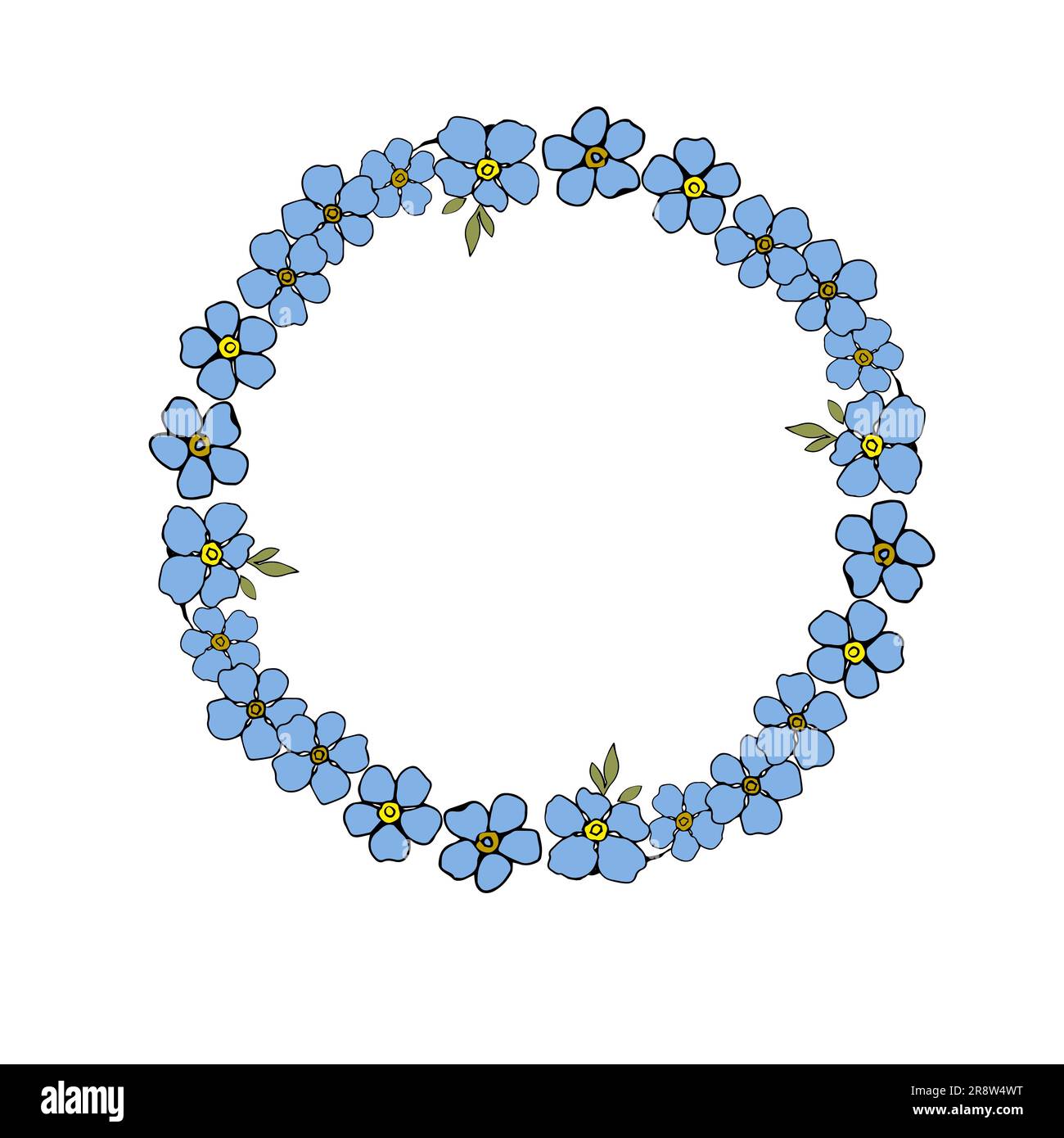 Olvídeme no flor de primavera azul, círculo corona vector frametile Ilustración del Vector