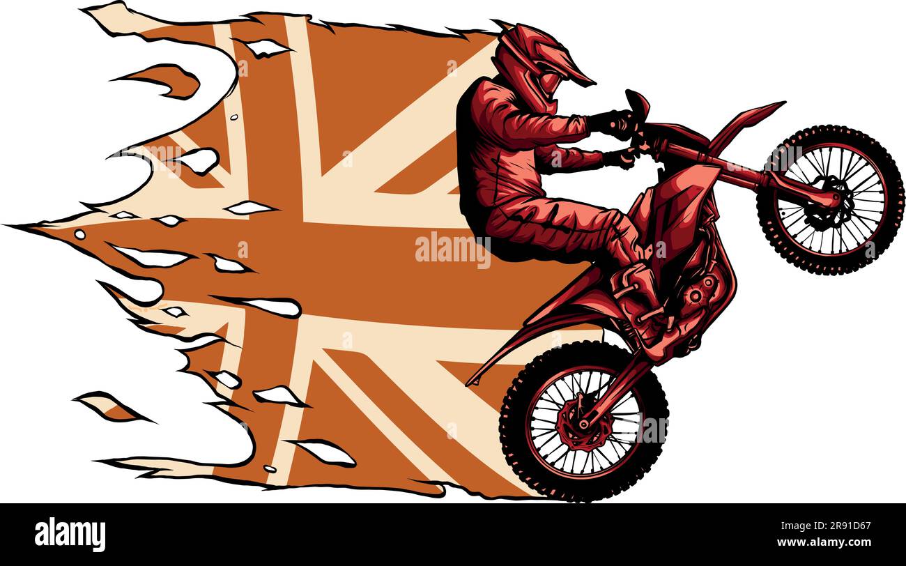 motocross jinete saltando montando la moto de motocross con bandera del reino unido Ilustración del Vector